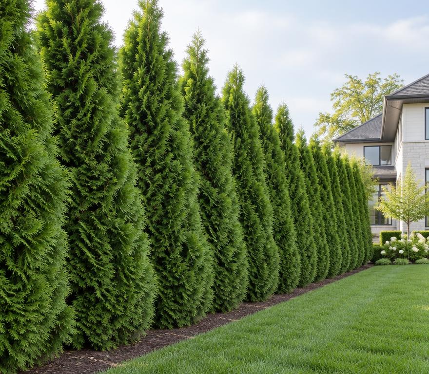 Row of mature Green Giant arborvitae